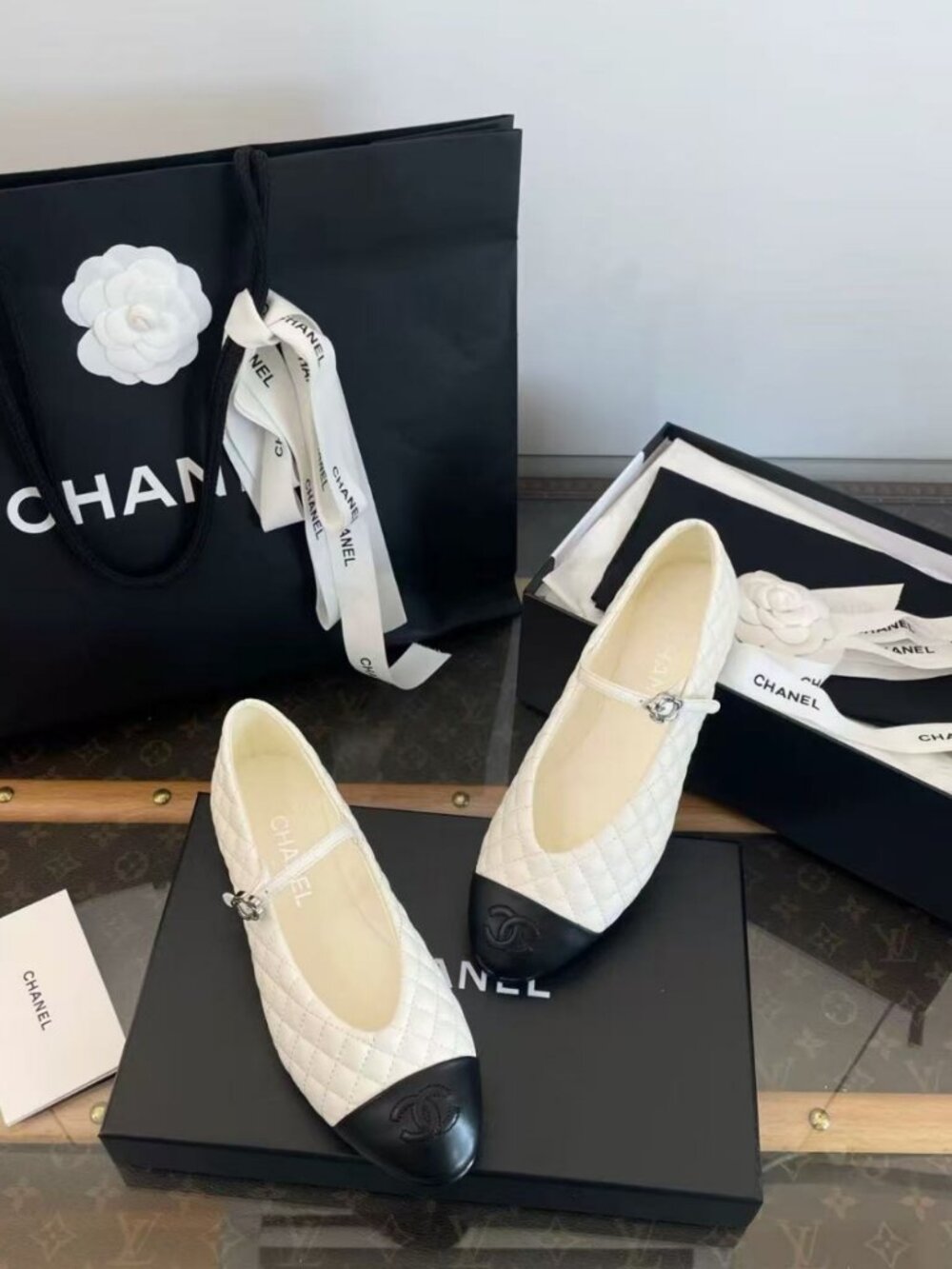 CHANEL Quilted Mary Jane Two‑Tone Flat Shoes